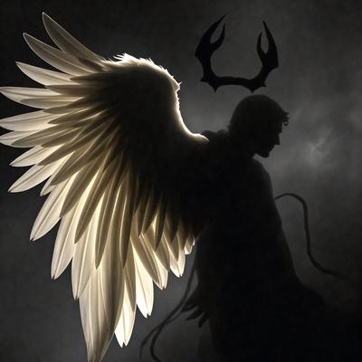 The primary subject of the image is a man with horns, possibly a demon or a character from a fantasy story. He is standing in a dark, shadowy environment, which adds to the overall mood of the scene. The visual style of the image is a combination of photo and digital art, creating a unique and intriguing appearance. The colors in the image are predominantly dark, with the man's horns and the surrounding darkness being the most prominent elements.